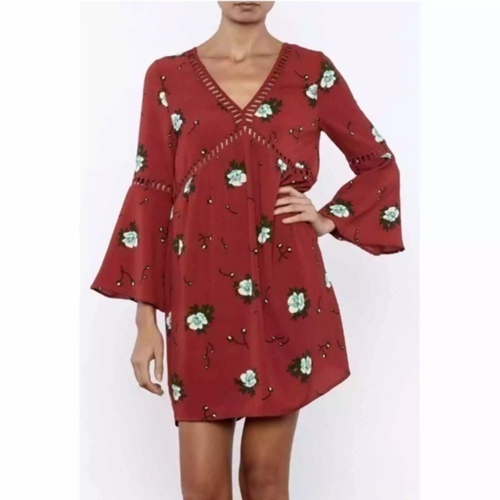 Entro Red Floral Boho Tunic Mini Dress With Bell Sleeves Like New S